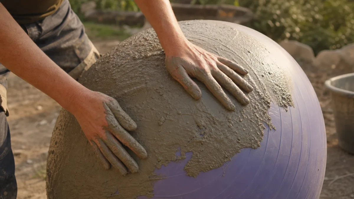 hands pressing wet gray concrete onto a large inflated yoga ball outdoors,…