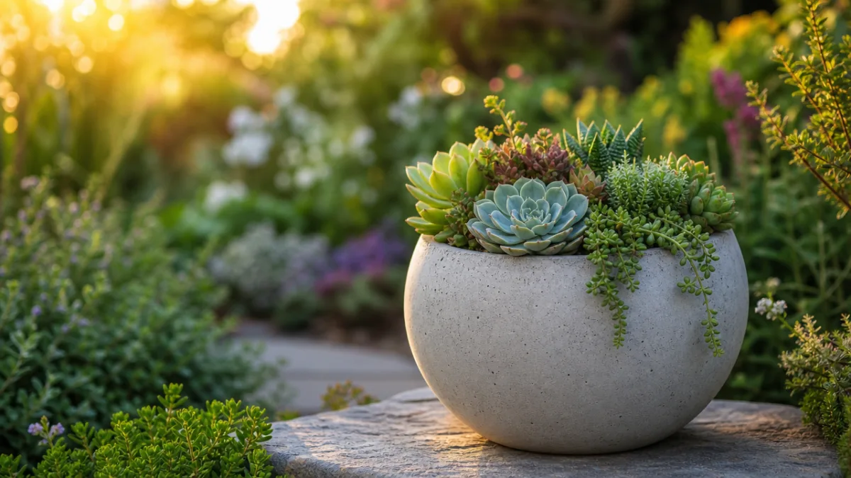 a finished concrete sphere planter with succulents in a lush garden setting,…