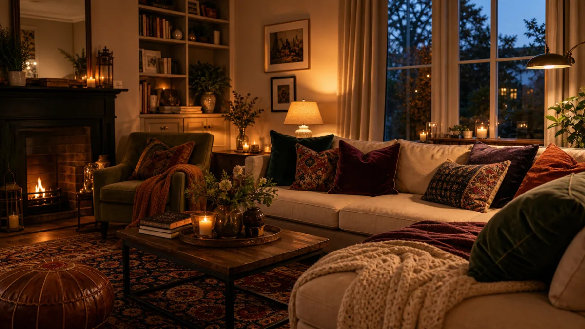 a warm, inviting living room with layered textiles, rich jewel-toned cushions, and…