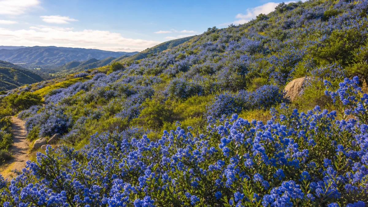 a sweeping hillside covered in dense Ceanothus shrubs blooming vivid blue, warm…