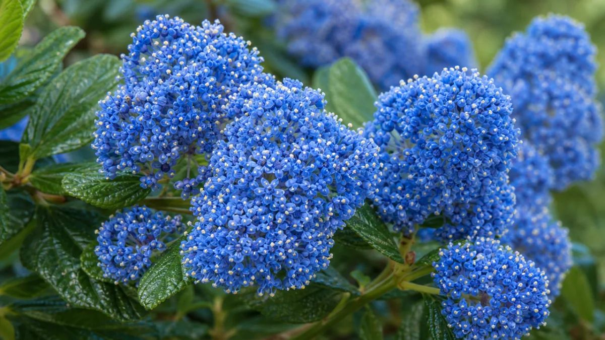 a close-up of vivid blue Ceanothus flower clusters in sharp detail, soft…