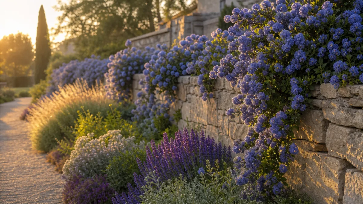 a beautifully designed garden border featuring Ceanothus cascading over a stone wall,…