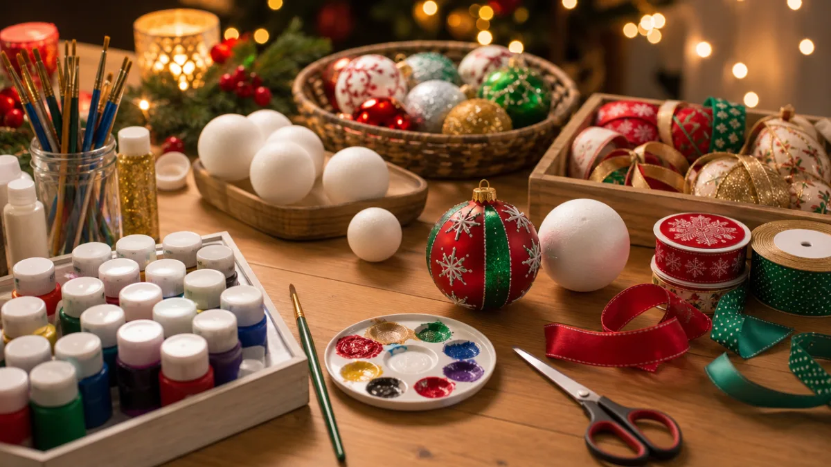 a warm-toned craft table with colorful ornament supplies, foam balls, paint, and…