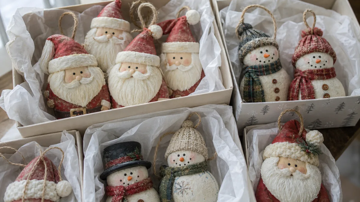 a collection of handmade Santa and snowman ornaments stored in tissue-lined boxes,…