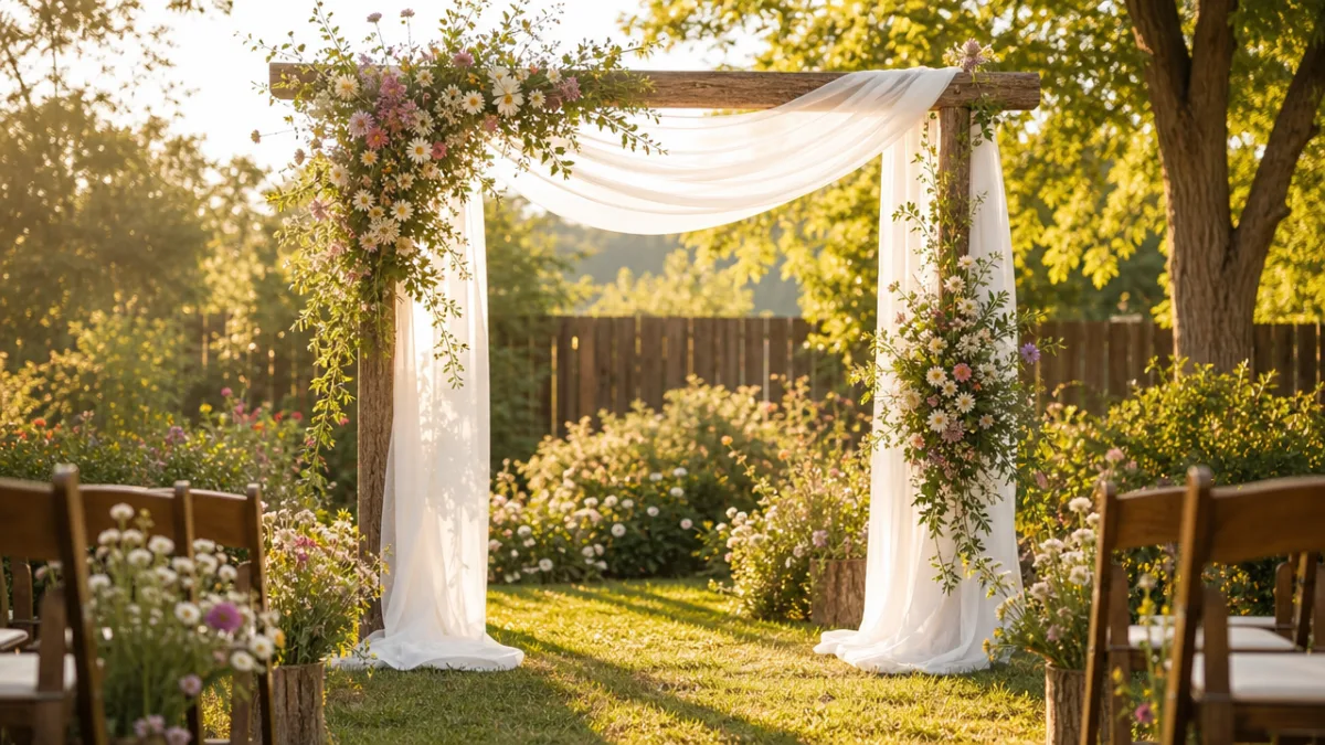 a sunlit backyard wedding ceremony arch draped with white fabric and wildflowers,…
