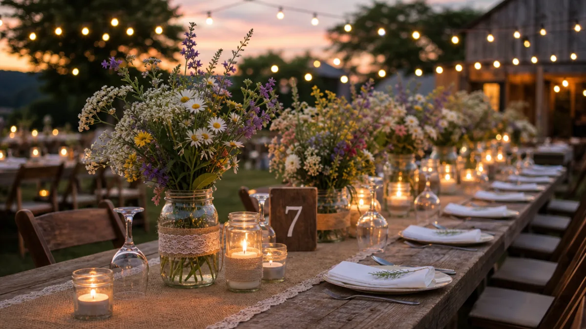 a rustic outdoor reception table adorned with mason jar wildflower centerpieces and…