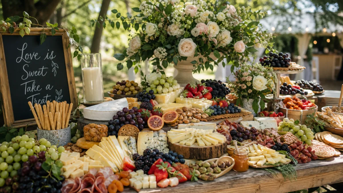 an outdoor wedding grazing table overflowing with cheese, fruit, and flowers, dappled…