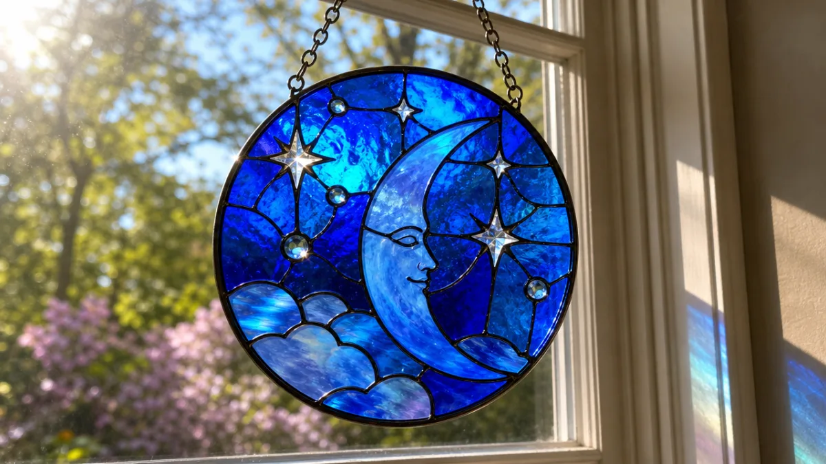 a finished translucent blue suncatcher hanging in a sun-drenched window, glowing with…
