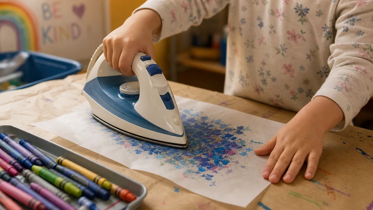 a child's hands carefully ironing wax paper with colorful blue crayon shavings…