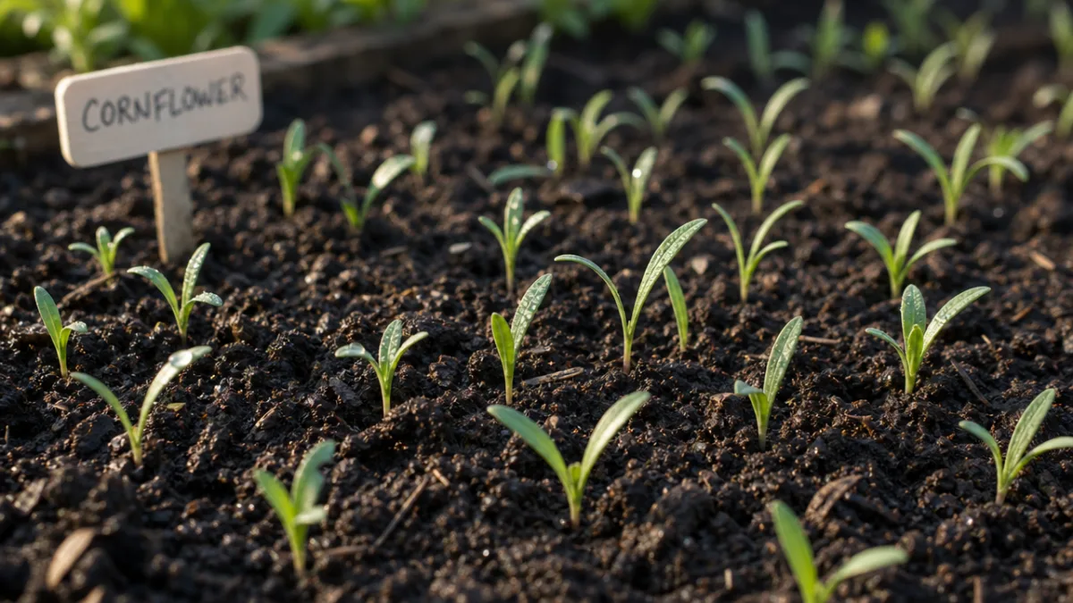 a garden seedbed with tiny green cornflower seedlings emerging from dark moist…
