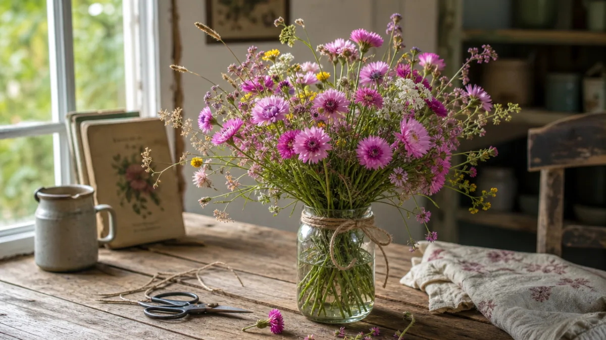 a rustic wooden table with a hand-tied bouquet of pink cornflowers and…