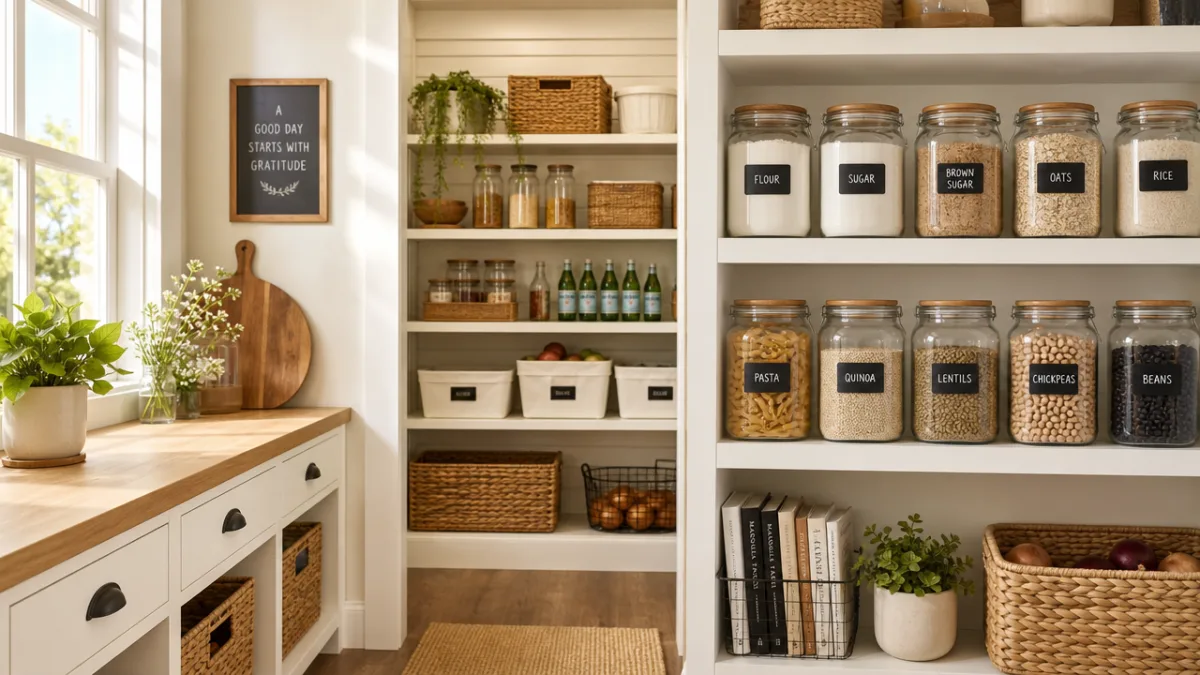 a bright, clean kitchen pantry with labeled glass jars and organized shelves,…