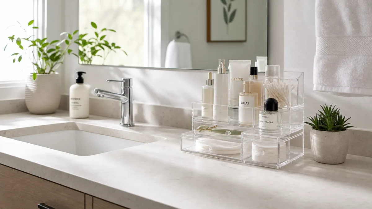 a clean modern bathroom countertop with clear acrylic organizers and small plants,…
