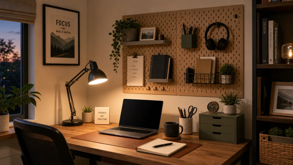 a tidy home office corner with wall-mounted pegboard storage and organized desk…