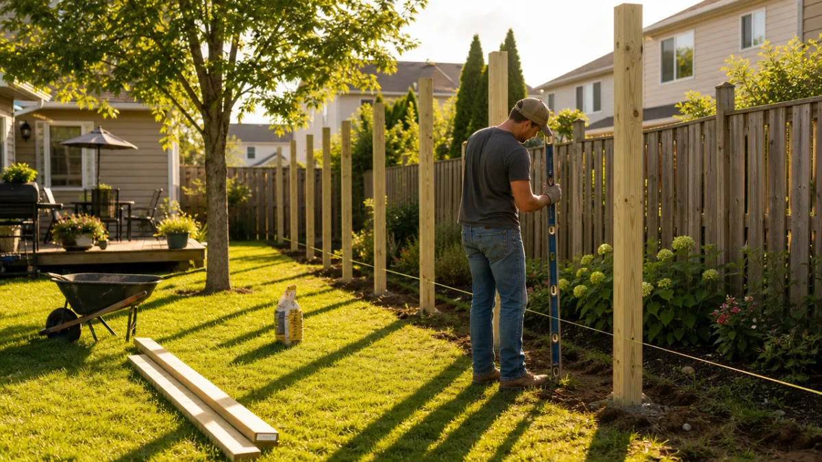 a sunny suburban backyard with wooden fence posts being installed, warm afternoon…