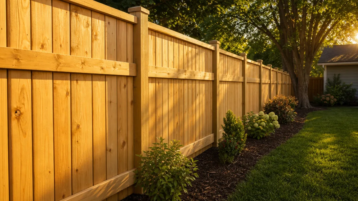 a freshly built wooden privacy fence in a lush green backyard, golden…