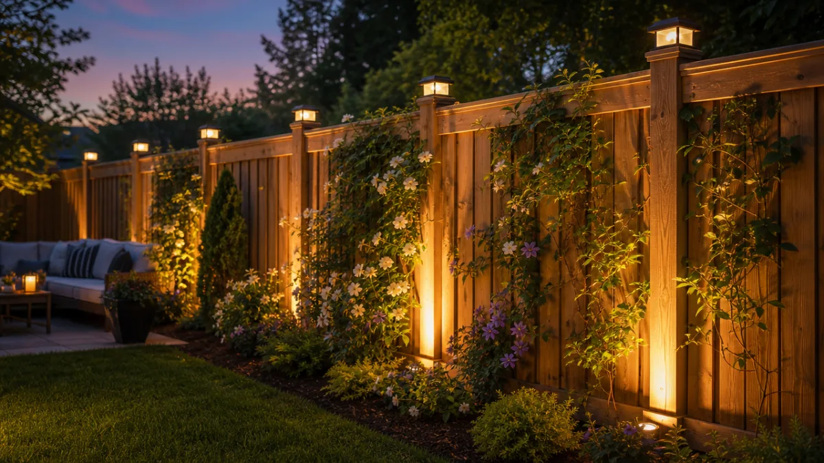 a beautifully finished backyard privacy fence with climbing plants and solar post…
