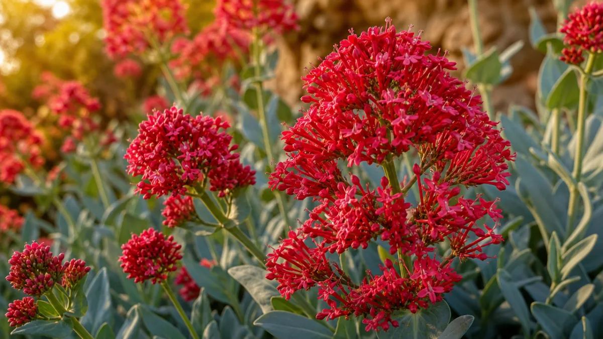 a vibrant close-up of crimson Centranthus ruber flower clusters against blue-gray foliage,…