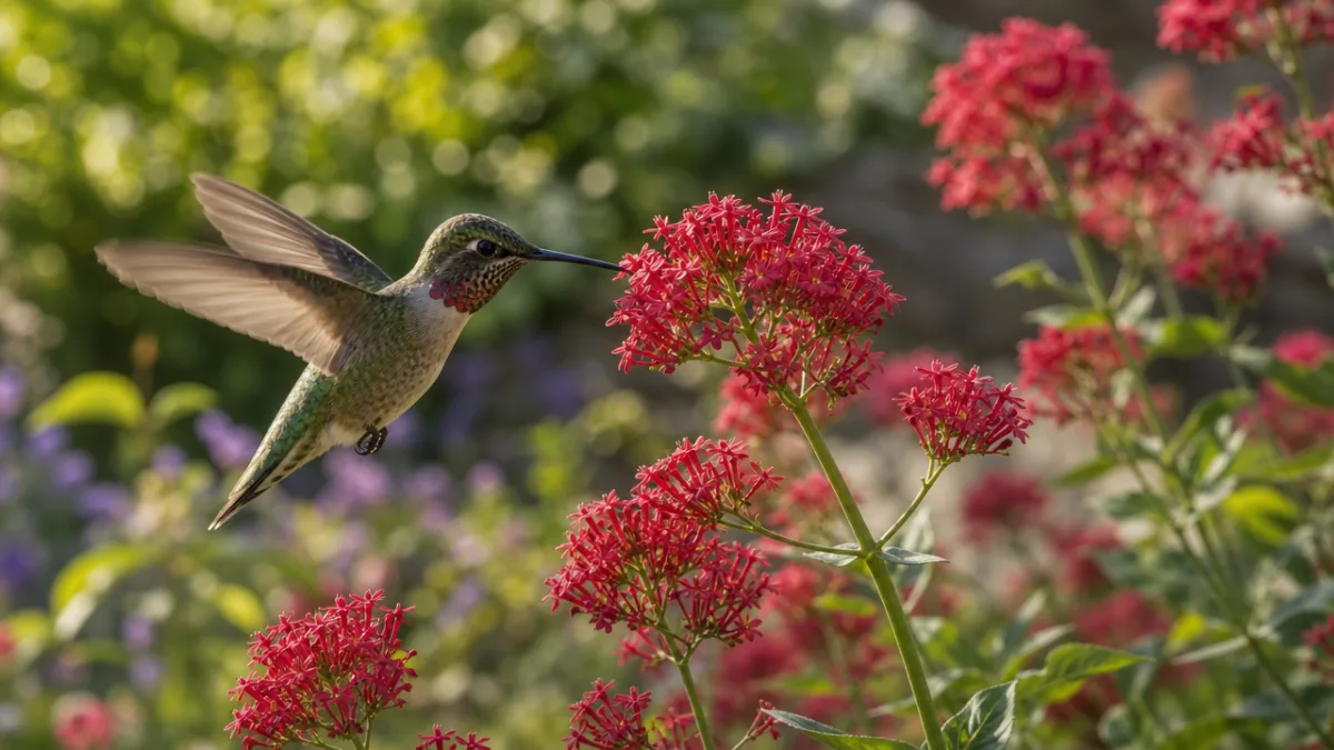 a hummingbird hovering near red Centranthus ruber blooms in a sunny naturalistic…