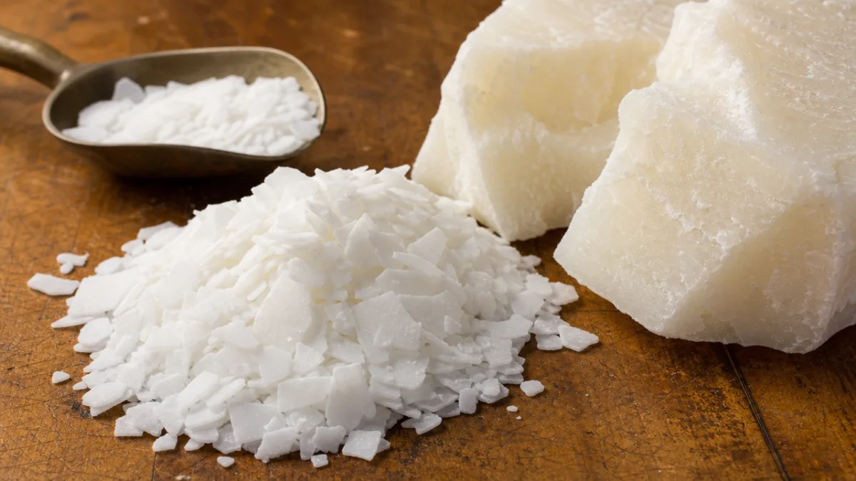 a close-up of white stearic acid flakes and raw wax on a…