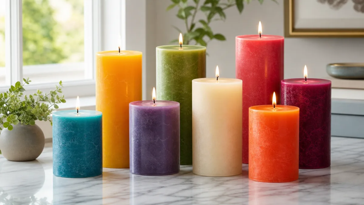 vibrant colored pillar candles in various heights arranged on a marble surface,…