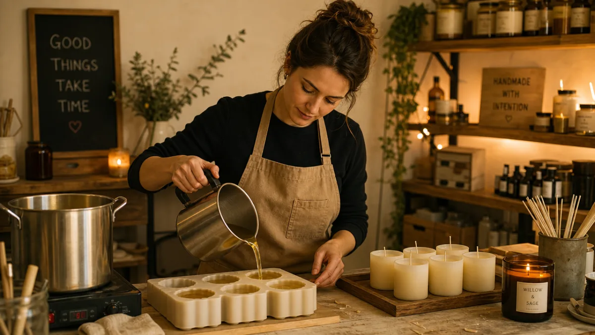 a candle maker carefully pouring molten wax into molds in a tidy…