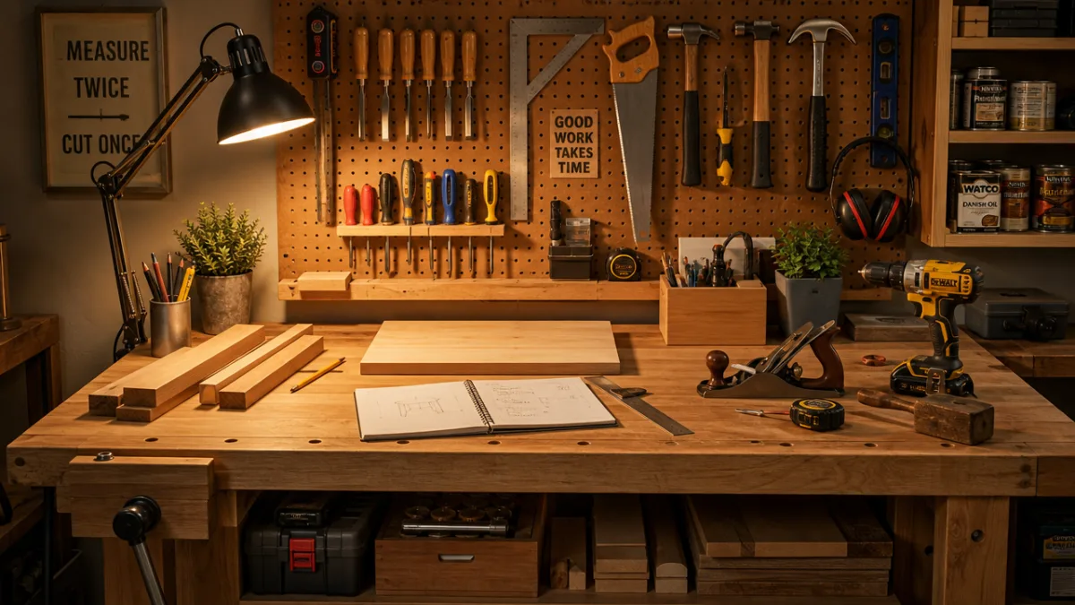 a neatly organized DIY workbench covered with tools and wood materials, warm…
