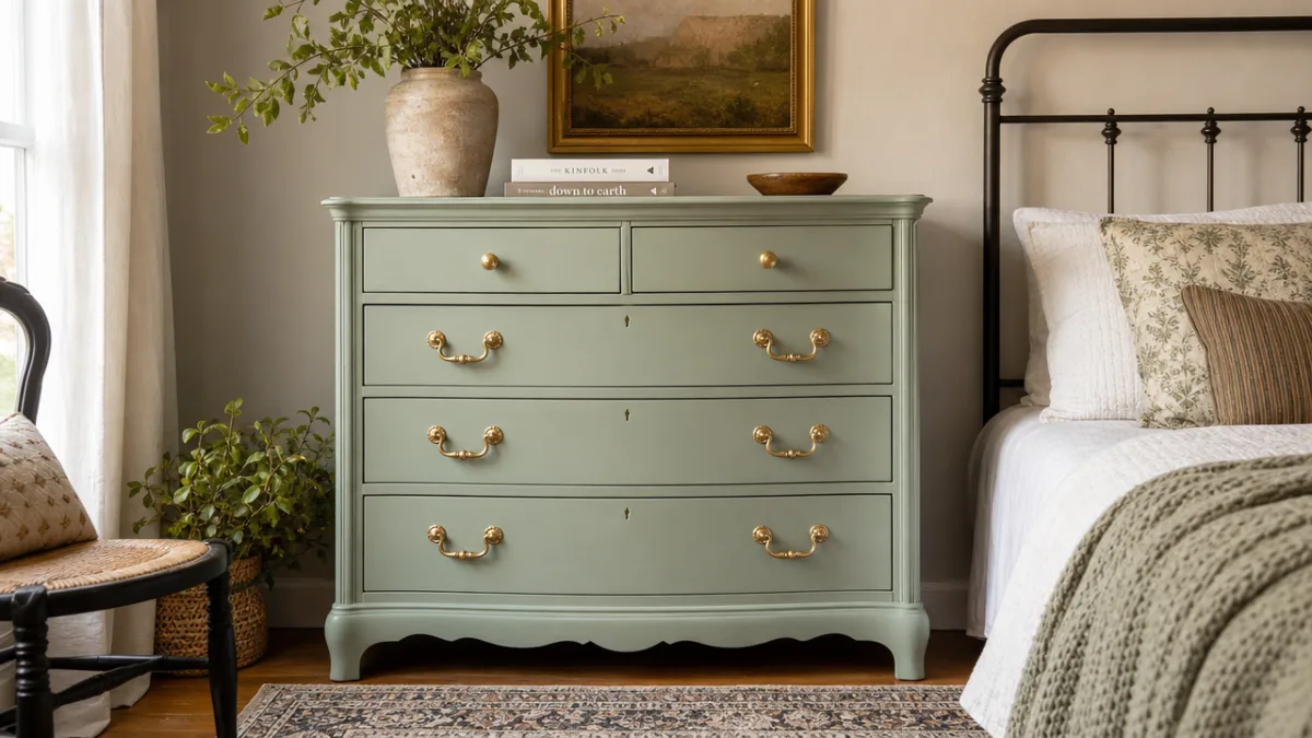 a beautifully upcycled vintage dresser with fresh paint and new hardware in…