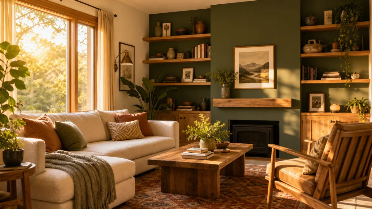 a bright and inviting living room with handcrafted shelving and painted accent…