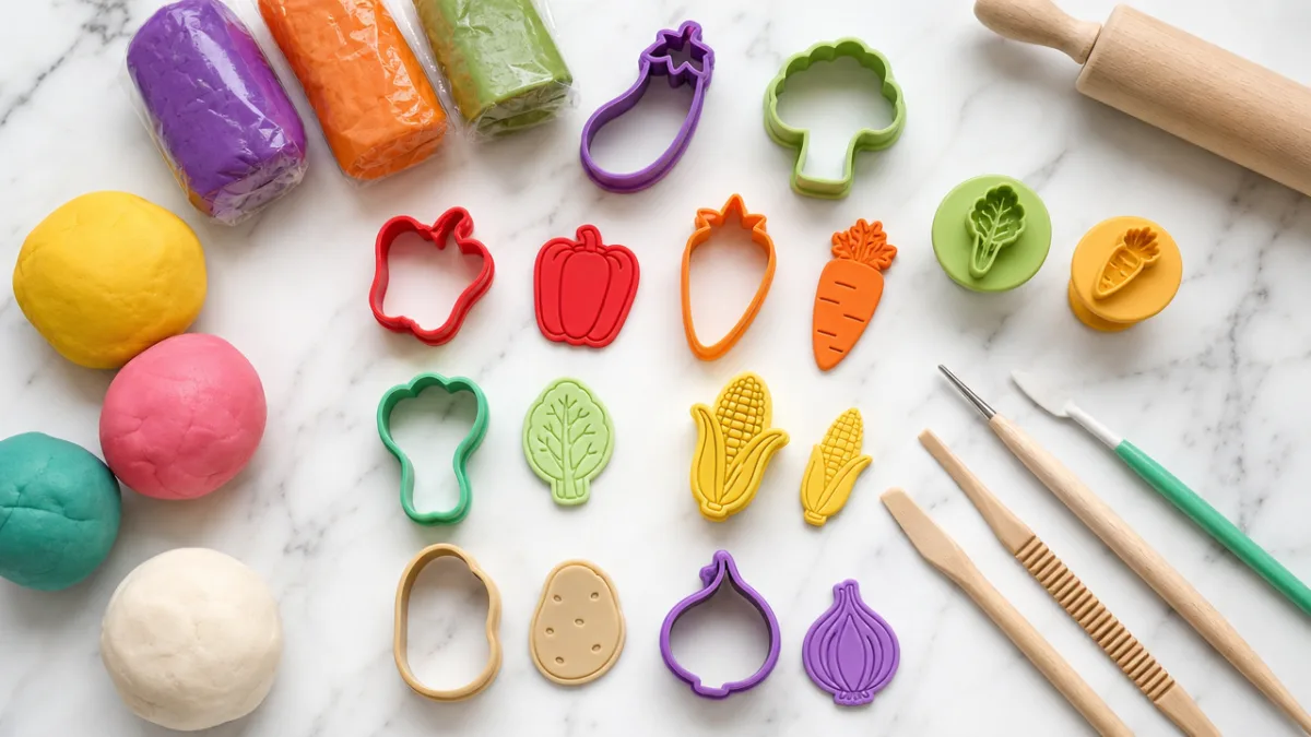 a flat lay of colorful clay, sculpting tools, vegetable-shaped cookie cutters and…