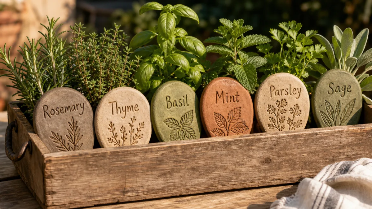 finished clay garden markers painted in earthy tones displayed in a rustic…