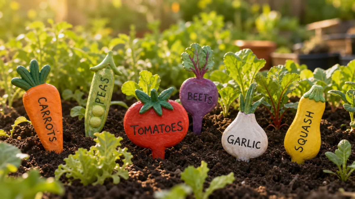 colorful handmade clay vegetable markers arranged in rich garden soil among green…
