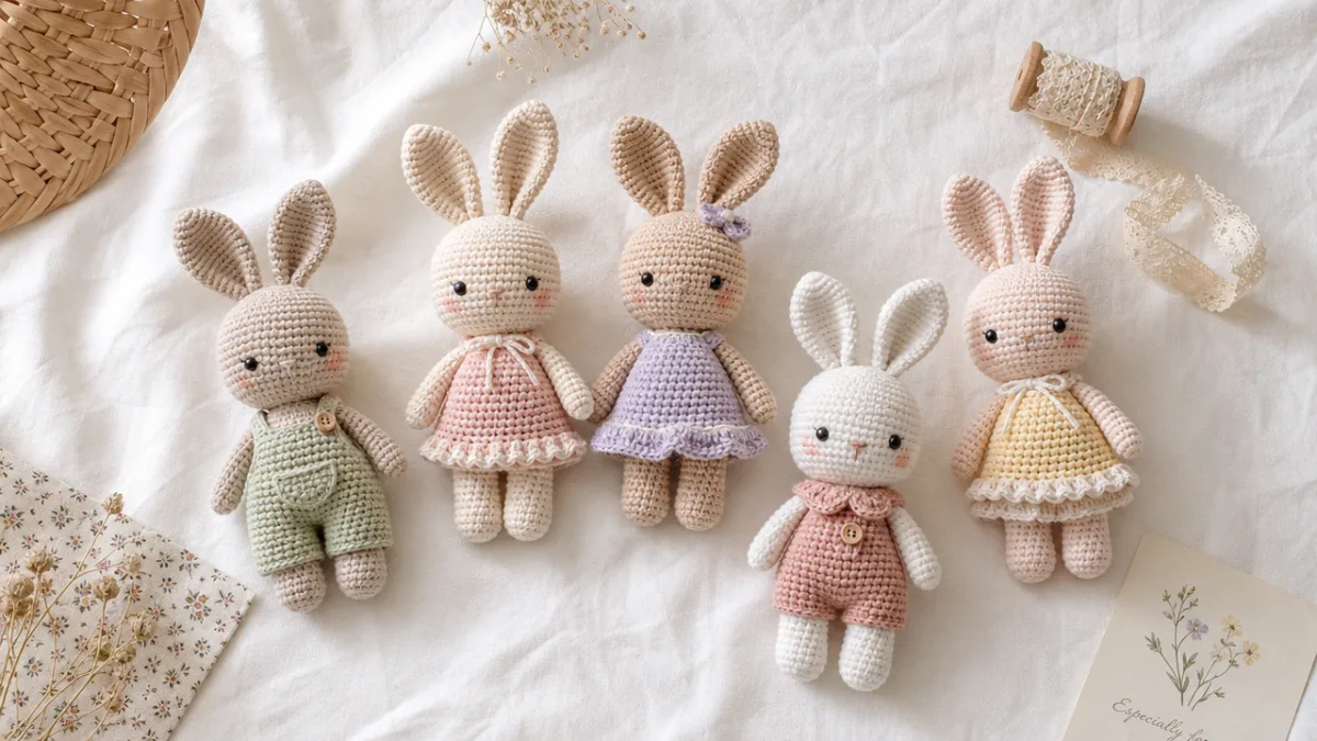 a soft-lit flat lay of pastel crochet bunny plushies arranged on a…