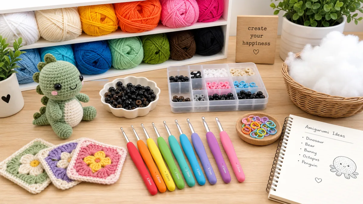 a crafting table with colorful yarns, crochet hooks, safety eyes, and stuffing…