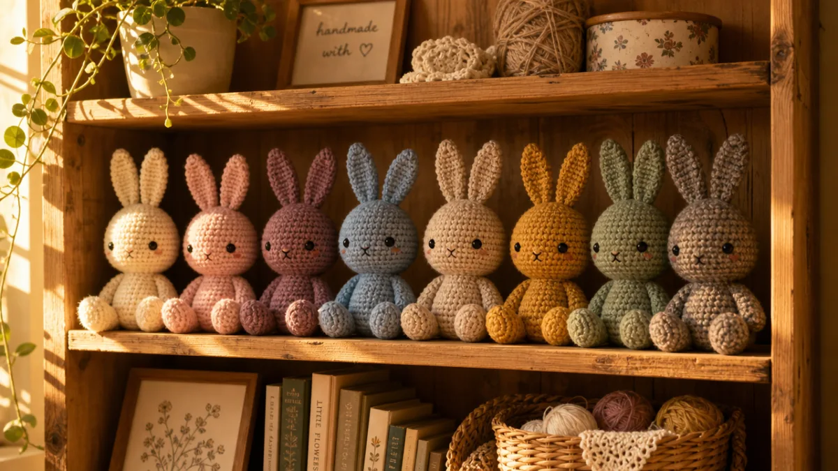 a cozy wooden shelf displaying a collection of handmade crochet bunnies in…