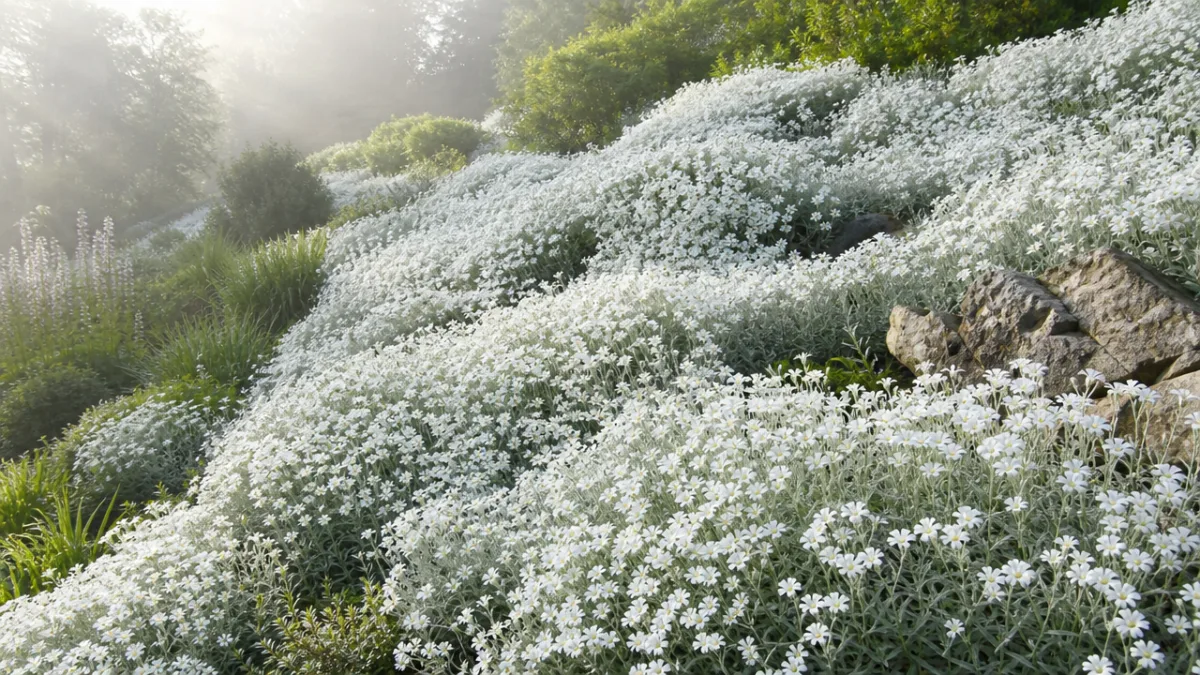 a sweeping garden slope covered in silver-leaved Snow-in-summer in full white bloom,…