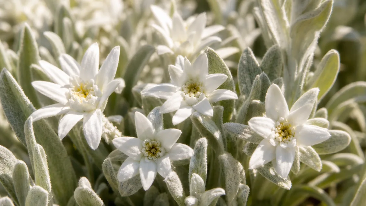 close-up of Snow-in-summer white star flowers against silvery woolly leaves, warm afternoon…