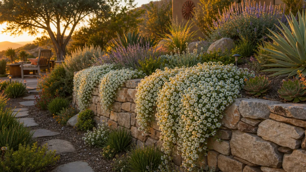 a waterwise garden design featuring Snow-in-summer cascading over a stone retaining wall,…