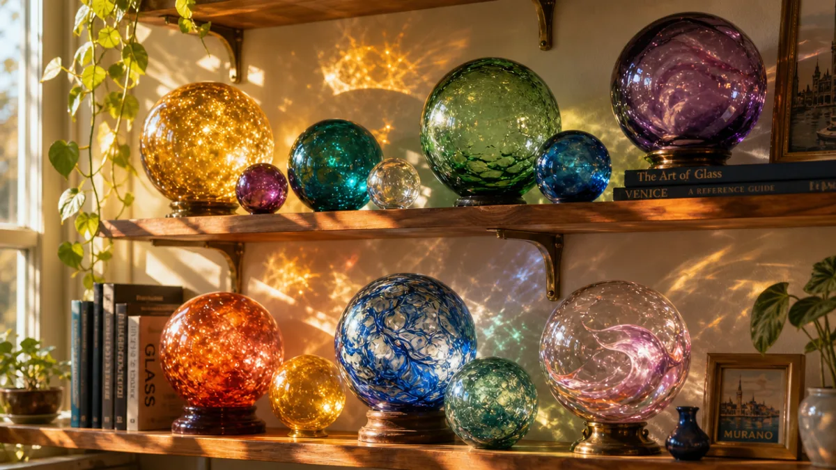 a curated shelf of colorful glass globes catching warm afternoon sunlight, glowing…