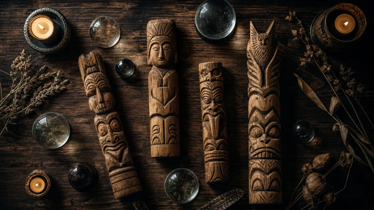 an artistic flat lay of wooden totems and glass spheres on a…