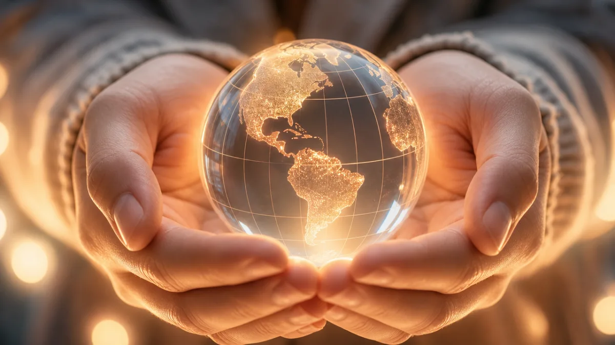 a close-up of hands gently holding a luminous glass globe, soft bokeh…
