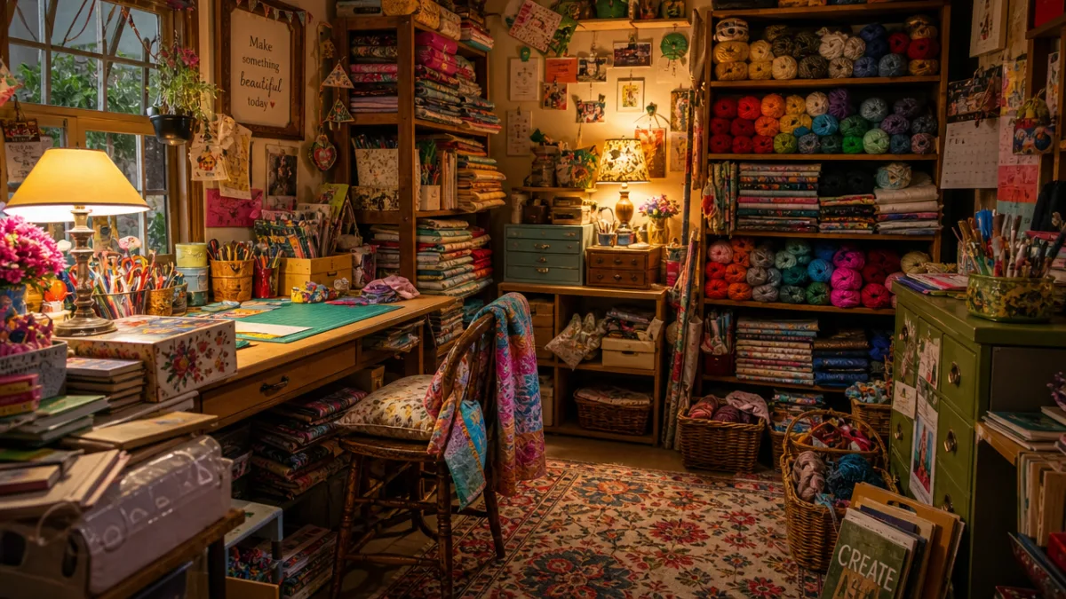 a colorful, overflowing craft supply room with warm lamplight illuminating fabrics, yarns,…