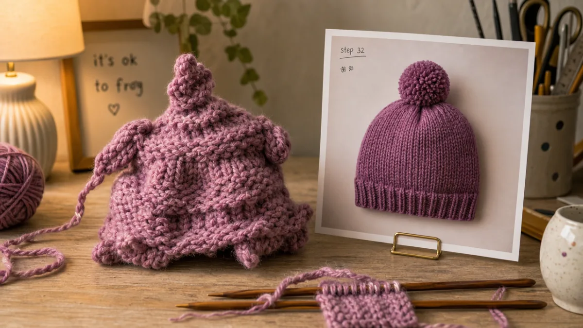 a craft table with a hilariously misshapen knitting project beside a perfect…
