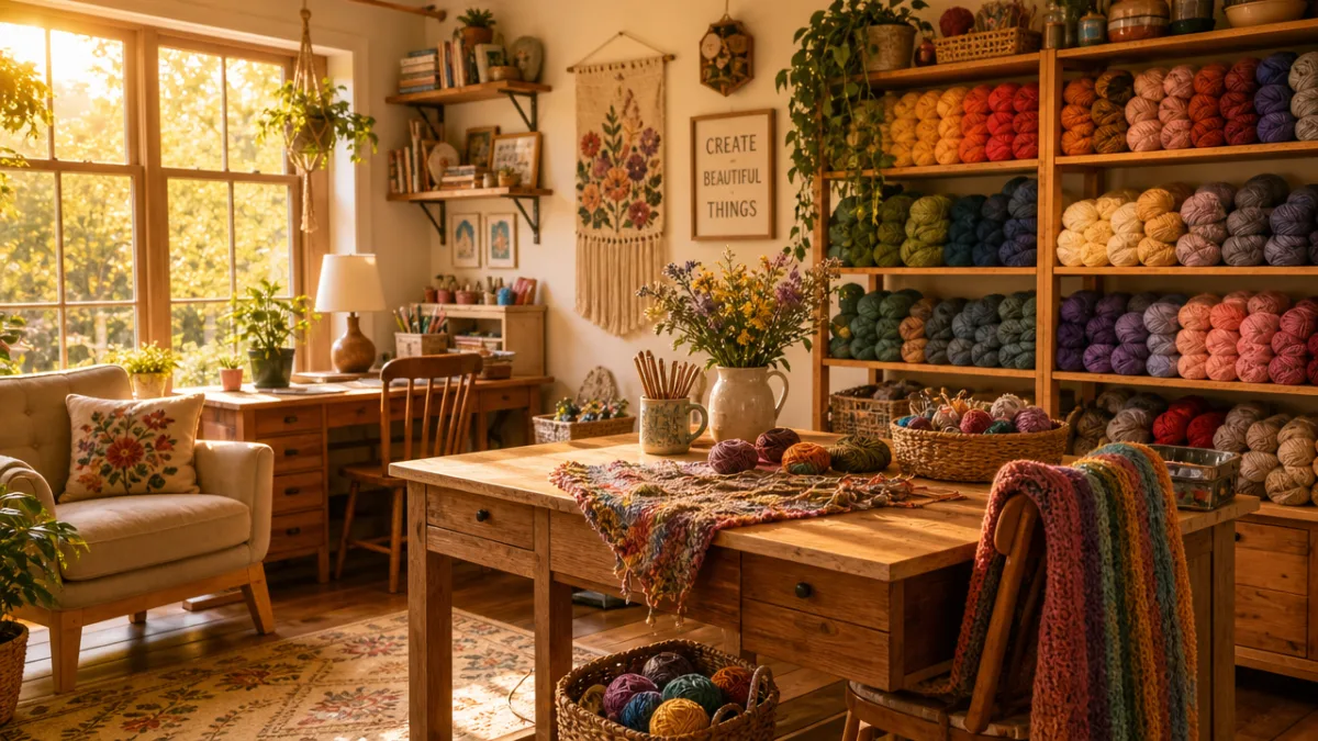 a cozy well-lit craft studio with yarn skeins in rainbow colors on…