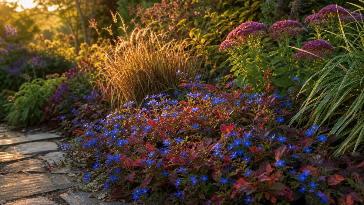 a lush garden border with spreading Ceratostigma groundcover showing blue flowers and…