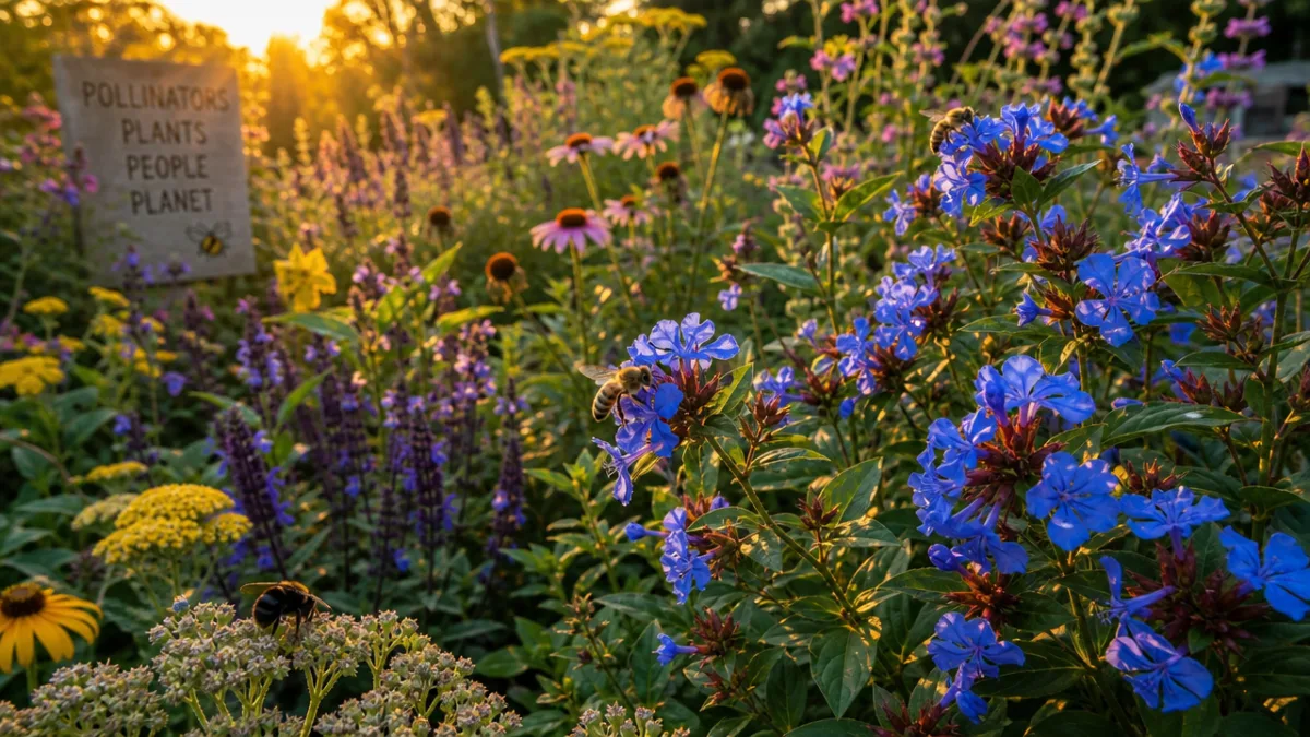 a diverse pollinator garden featuring bees visiting Ceratostigma blue flowers in late…
