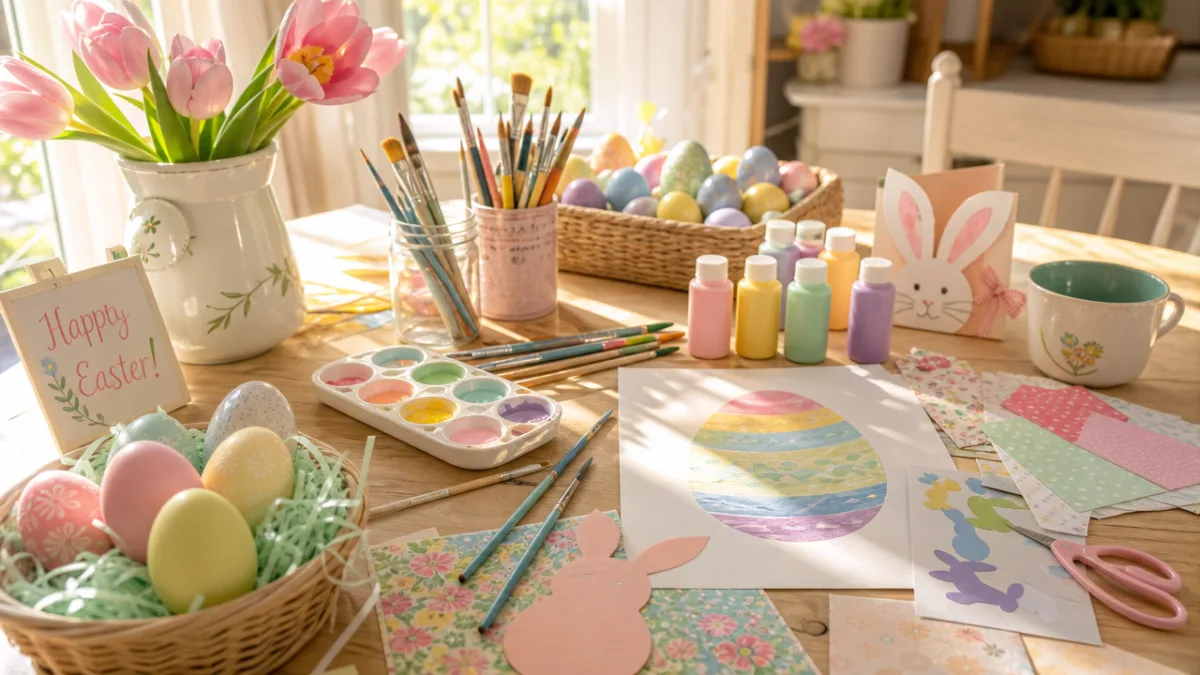 a sunlit craft table covered with pastel Easter supplies, paint, brushes, and…