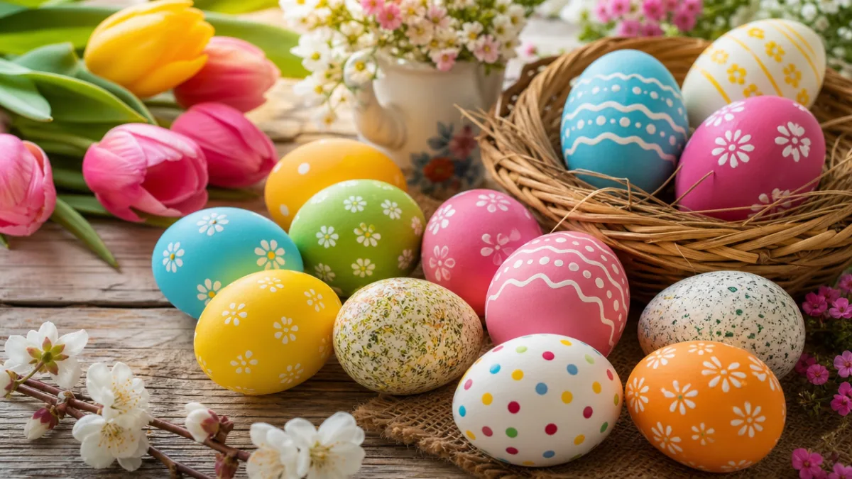 colorful decorated Easter eggs arranged on a rustic wooden table with spring…