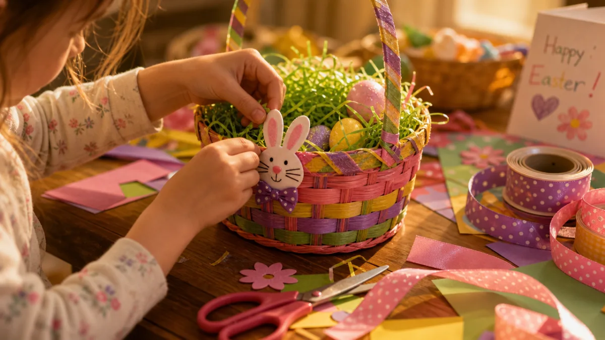 a child's hands carefully crafting a colorful Easter basket surrounded by ribbons…