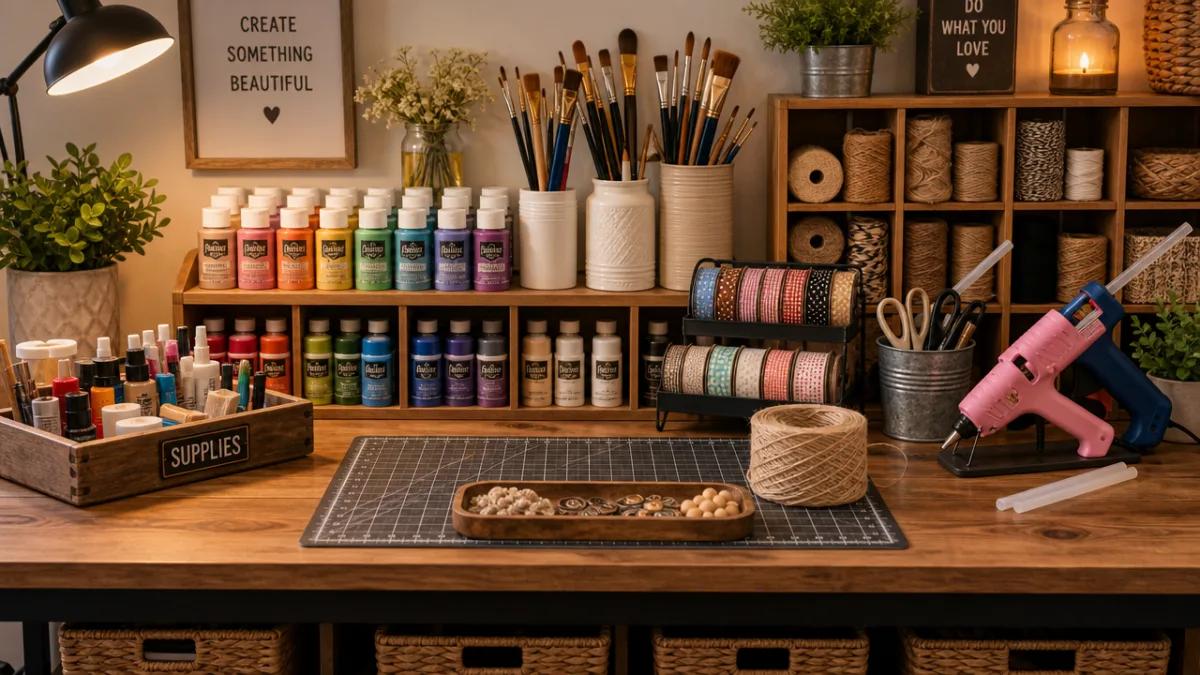 a neatly organized craft supply table with paints, brushes, twine, and glue…